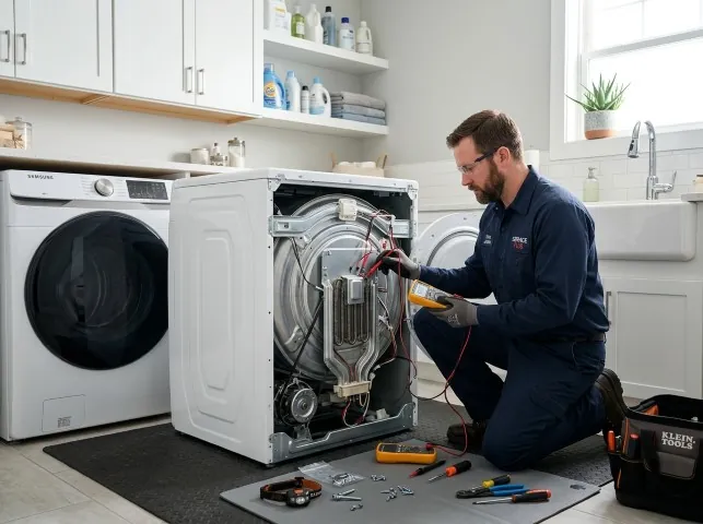 Appliance Repair Hero technician checking a dryer heating element with the rear panel off in Bristol, PA