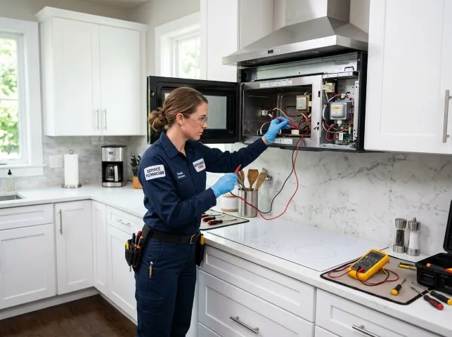 Appliance Repair Hero technician testing an over-the-range microwave in a Bristol, PA kitchen