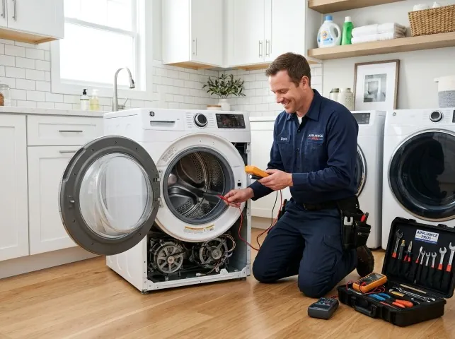 Appliance Repair Hero technician testing a front-load washer with a multimeter on a Bristol, PA service call
